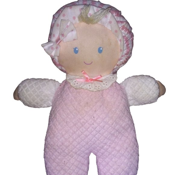 EDEN Stuffed Baby Doll Pink Terrycloth Waffle Pajamas Plush Polka Dot Bow Bonnet - Picture 1 of 11